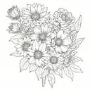 Sunflower, poppy, lily, tulip, rose, chrysanthemum, narcisus flower bouquet  tattoo design idea