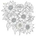 Sunflower, poppy, lily, tulip, rose, chrysanthemum, narcisus flower bouquet  tattoo design idea