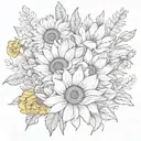 Sunflower, poppy, lily, tulip, rose, chrysanthemum, narcisus flower bouquet  tattoo design idea
