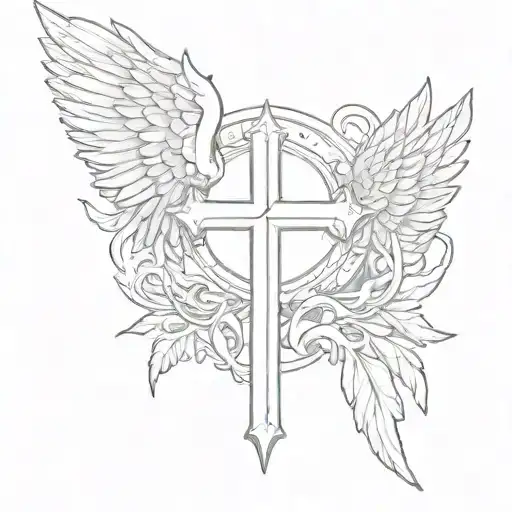 cross with angel wings and the name Charlestaan inside  tattoo design idea