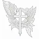 cross with angel wings and the name Charlestaan inside  tattoo design idea