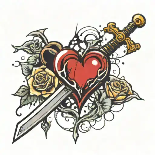 Broken heart with sword with 3 blood drops 2 bullet holes  tattoo design idea