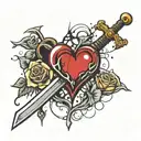 Broken heart with sword with 3 blood drops 2 bullet holes  tattoo design idea