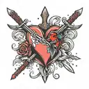 Broken heart with sword with 3 blood drops 2 bullet holes  tattoo design idea