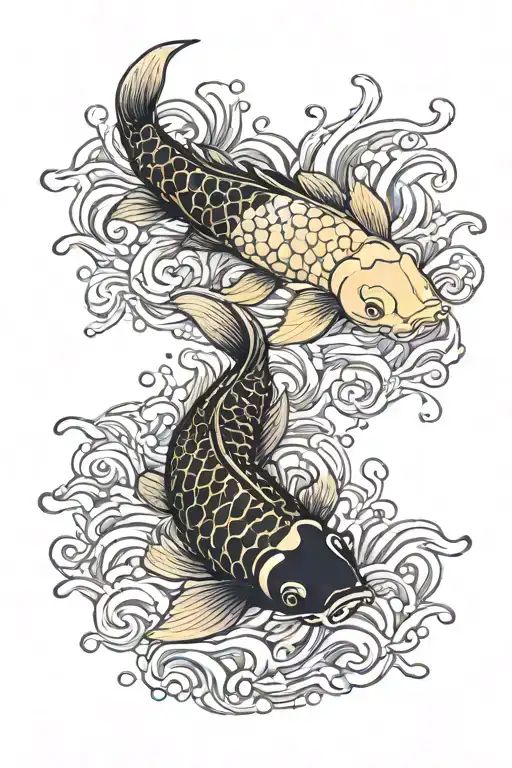 Two koi carp, golden and black, swim against the current of the river tattoo design idea