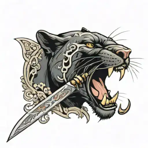 roaring panther with an ornate knife piercing its head side profile tattoo design idea