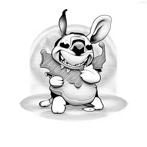 Stitch de disney con una maquina de tatuar en la mano tattoo design idea