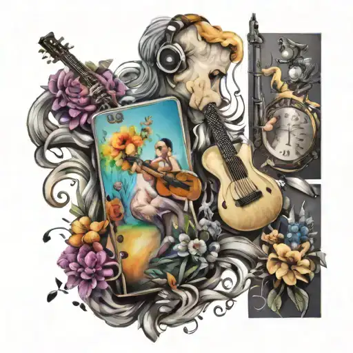 A music-themed sleeve tattoo featuring dancing figures, colorful instruments, and spring flowers tattoo design idea