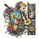 A music-themed sleeve tattoo featuring dancing figures, colorful instruments, and spring flowers tattoo design idea
