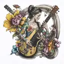 A music-themed sleeve tattoo featuring dancing figures, colorful instruments, and spring flowers tattoo design idea
