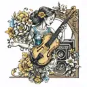 A music-themed sleeve tattoo featuring dancing figures, colorful instruments, and spring flowers tattoo design idea