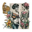 A music-themed sleeve tattoo featuring dancing figures, colorful instruments, and spring flowers tattoo design idea