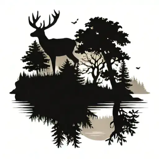 Eerie Forest that has a variety of different trees with multiple deer surrounded between a lake going towards the unknow tattoo design idea