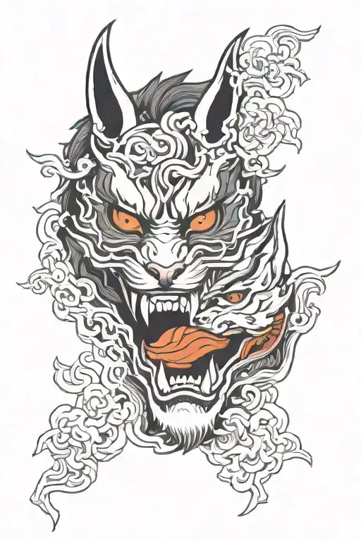 Half oni and kitsune mask split in half tattoo design idea