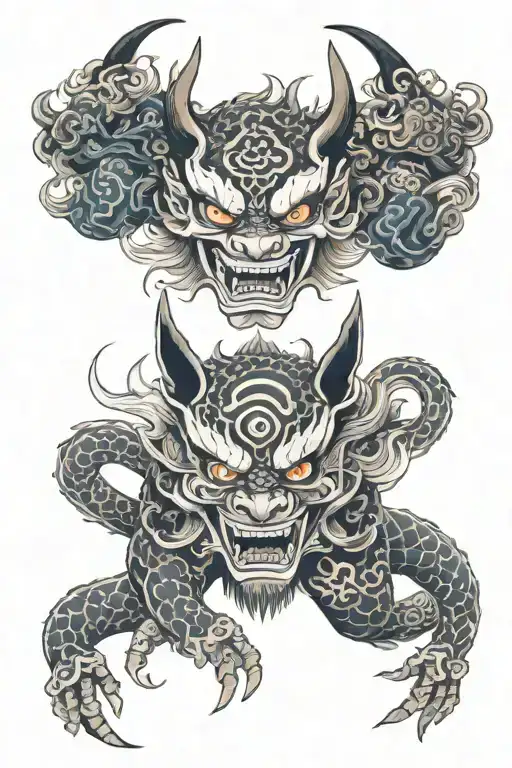 oni and kitsune mask split in half tattoo design idea