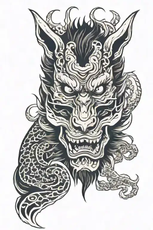 Half oni and kitsune mask split in half tattoo design idea