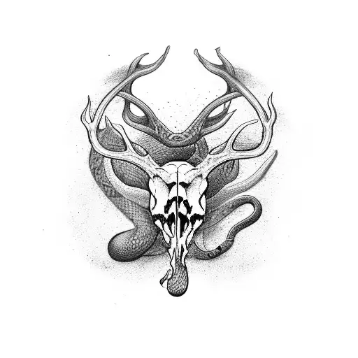 There is a deer skull with snake but snake on the deers horn tattoo design idea