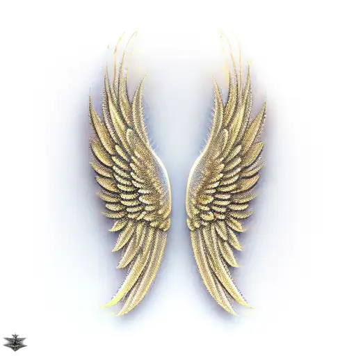 angel wings, gold orb tattoo design idea