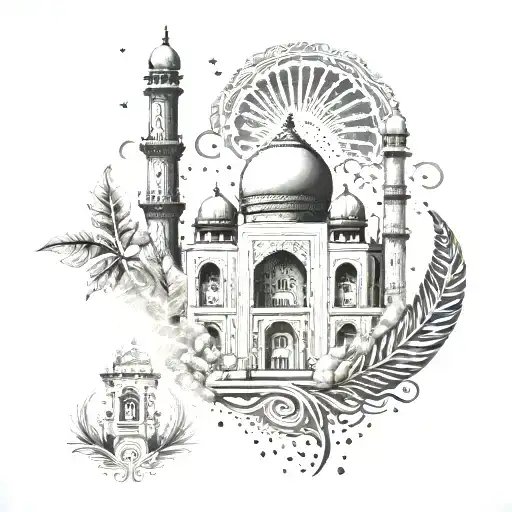 An intricate design incorporating elements of Indian and New Zealand culture, such as the Taj Mahal and a silver fern, representing your favorite places tattoo design idea