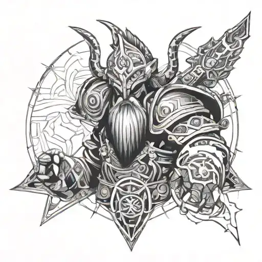 A futuristic interpretation of the Dota 2 hero Huskar in a blackwork style tattoo design idea