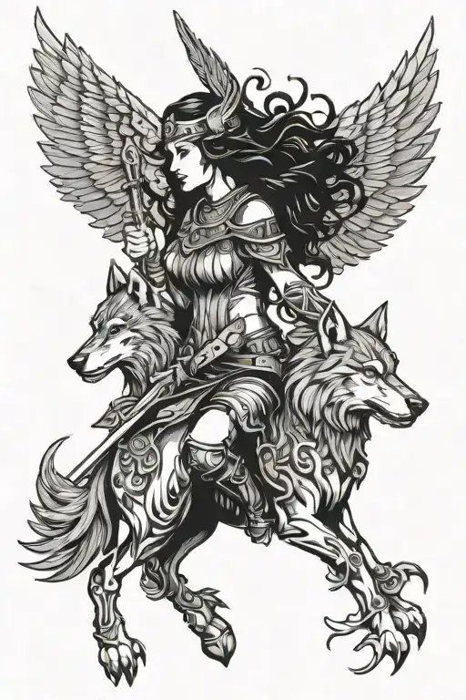  Valkyrie with Raven and wolf tattoo design idea