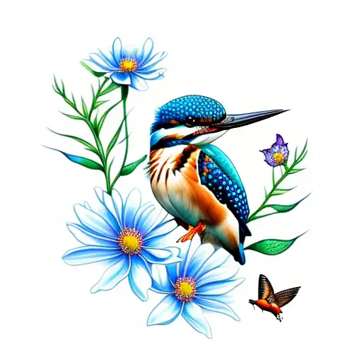 kingfisher with flowers ,butterflys and a waterfall tattoo design idea