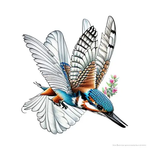 kingfisher with flowers and butterflys tattoo design idea