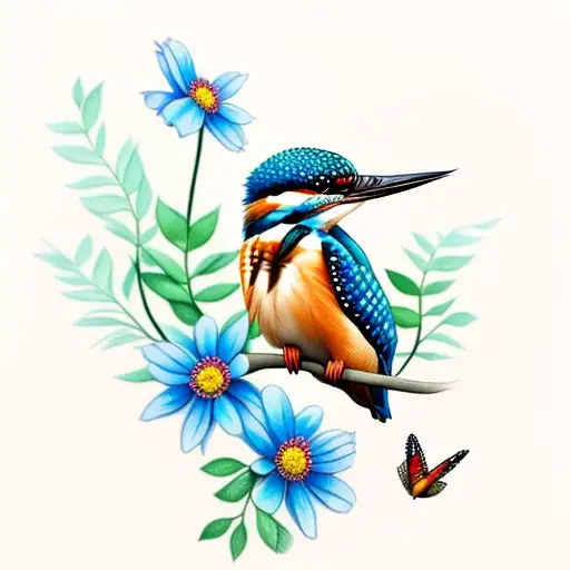 kingfisher with flowers ,butterflys and a waterfall tattoo design idea