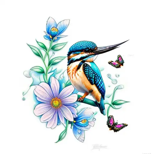kingfisher with flowers and butterflys and a waterfall tattoo design idea