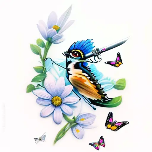 sword with flowers and butterflys tattoo design idea
