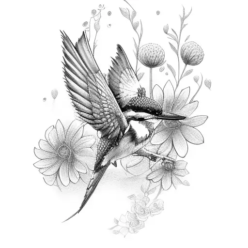 kingfisher with flowers and butterflys tattoo design idea