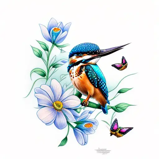 kingfisher with flowers and butterflys tattoo design idea
