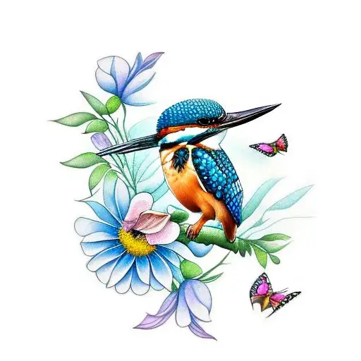 kingfisher with flowers and butterflys tattoo design idea