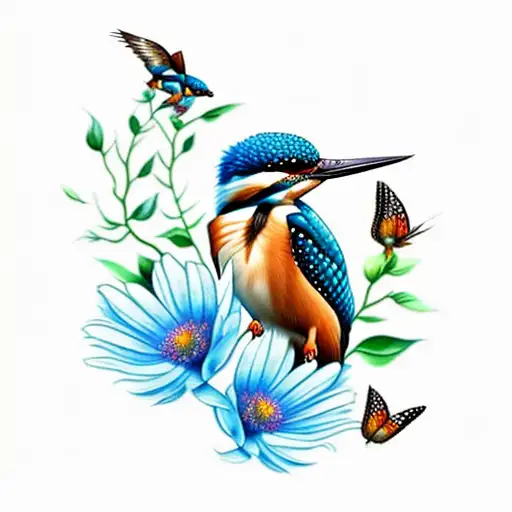 kingfisher with flowers ,butterflys and a waterfall tattoo design idea