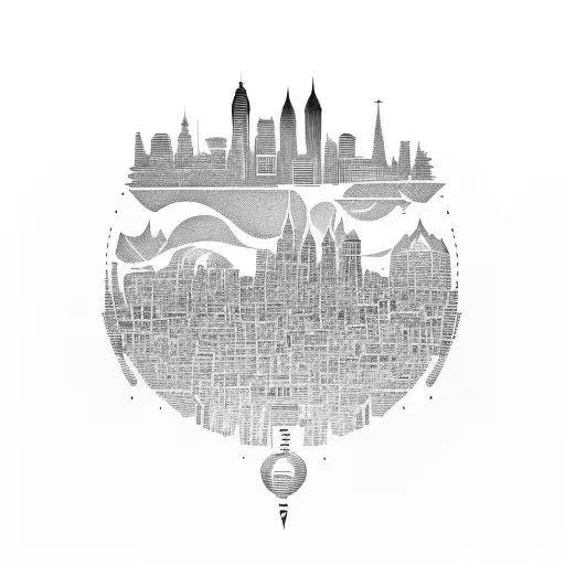 Tattoo design of a skyline contour of Salamanca with its reflection, an horizontal key which goes till the end of the sk tattoo design idea