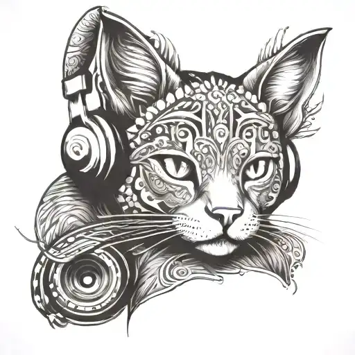 mandala cat wearing headphones tattoo design idea