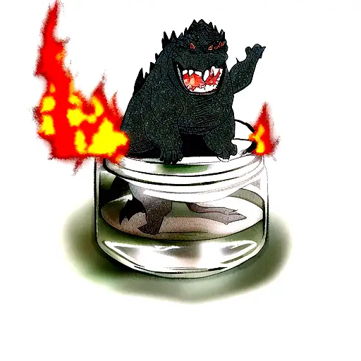 godzilla trapped in a jar with fire breath tattoo design idea