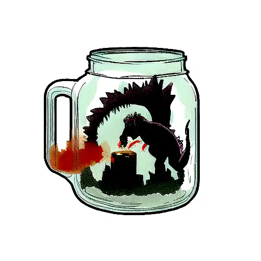 godzilla trapped in a mason jar with fire breath tattoo design idea