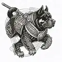 Incorporate a Rottweiler in a Japanese samurai armor tattoo design idea