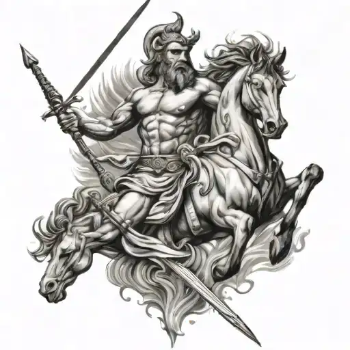 Poseidon emerging from the sea with two horses at his side and the trident in his hand tattoo design idea