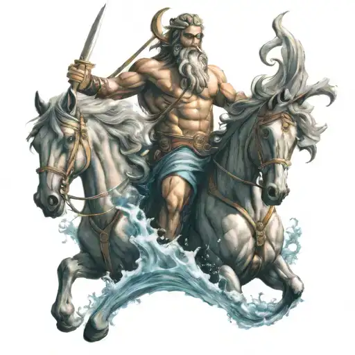 Poseidon emerging from the sea with two horses at his side and the trident in his hand tattoo design idea