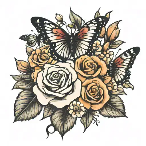 bouquet of flowers with rose and butterfly tattoo design idea