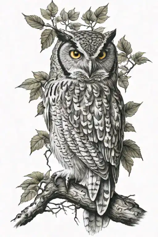 screech owl surrounded by trees swaying tattoo design idea