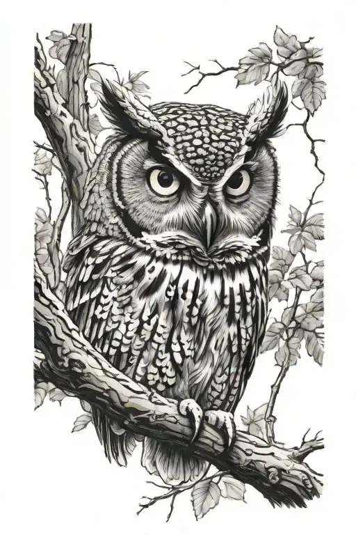 screech owl surrounded by trees background looking tattoo design idea