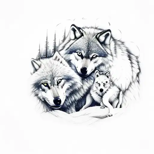 daddy wolf protecting baby wolf in a dark forest tattoo design idea