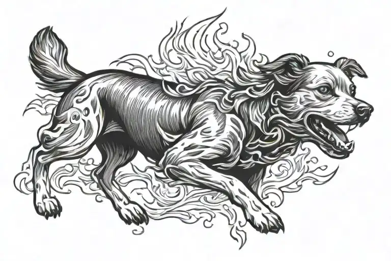dog running carrying fire tattoo design idea