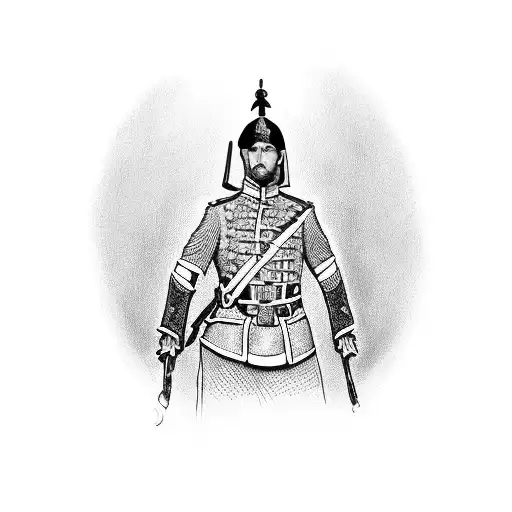 A dotwork illustration of a guard in a traditional British uniform tattoo design idea