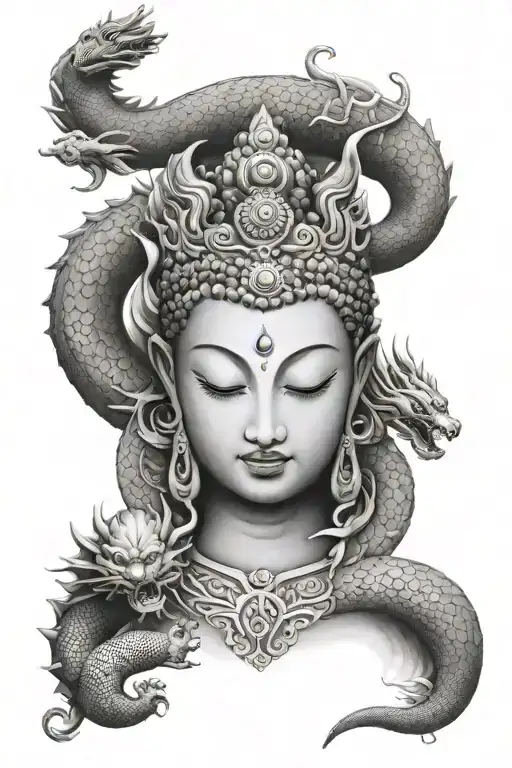 meditating Buddha with yin Yang third eye for the face and a dragon wrapped around her  tattoo design idea