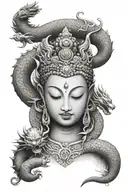 meditating Buddha with yin Yang third eye for the face and a dragon wrapped around her  tattoo design idea