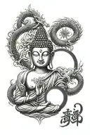 spiritual buddha with yin Yang third eye and dragon wrapped around meditating  tattoo design idea